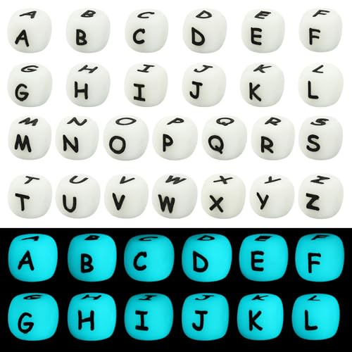 LEGENTLISUR Lot de 108 perles lumineuses en silicone avec lettres de l'alphabet - 12 mm - Cubes carrés - Pour bracelets d'amitié, mots, porte-clés, bijoux, travaux manuels