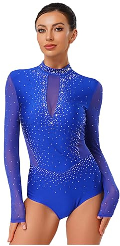 Mufeng Damen Gymnastikanzug Glitzer Turnanzug Strass Glänzend Ballettanzug Langarm Gymnastik Leotard Wettbewerb Tanzkostüm