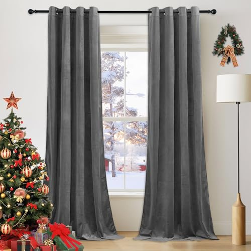 PONY DANCE Grey Velvet Curtains - 42x84 Inch Eyelet Thermal Insulated Curtains for Living Room and Bedroom, Soft Crushed Velvet Thermal Insulated Privacy Drapes