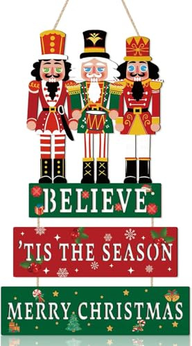 CHDITB 3D Merry Christmas Decorations Nutcracker Front Door Sign Hanging(18.5x11.4 inches),Vintage Nutcracker Figures Xmas Wall Sign,Xmas Red Green Wall Decor for Christmas Winter Housewarming Gift