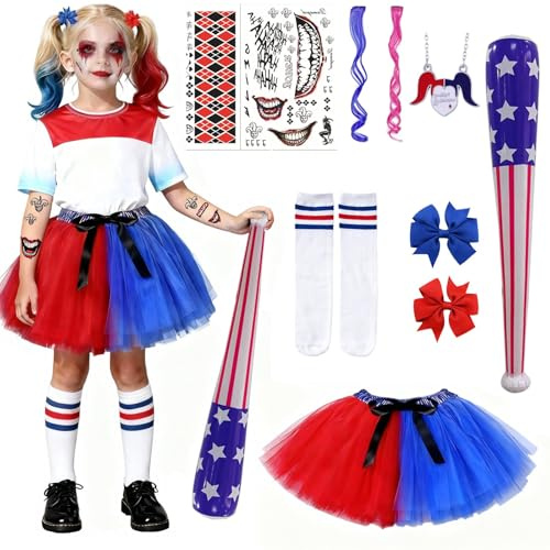 YUERTMIO Quinn Kostüm Kinder Mädchen, Halloween Kostüm Cosplay Mädchen, Karneval Quinn Cosplay Kostüme mit Haarschleife Baseballschläger für Halloween Karneval