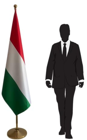 Drapeau Hongrie avec pied et mât – drapeau utilisé pour cérémonies diplomatiques, représentations institutionnelles, bureaux. Pied Ø 360mm, inox finition dorée, hampe pointe ronde. Code CN7-HU