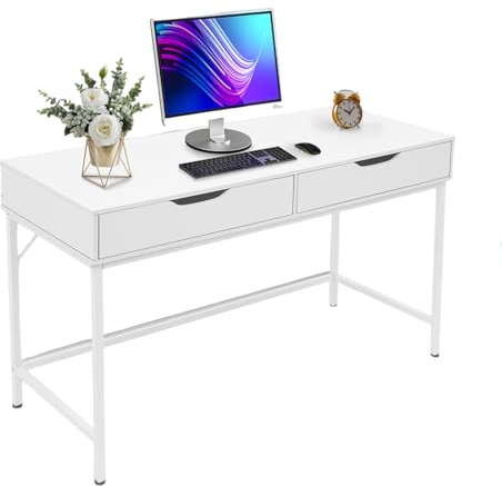 Escritorio con 2 cajones, 120 x 50 x 75 cm, mesa de ordenador, mesa de oficina, diseño minimalista, mesa de PC para oficina en casa, oficina, salón, dormitorio, estructura de metal, color blanco
