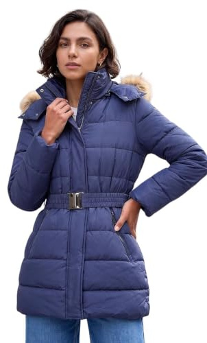 Roman Quilted Padded Coat for Women UK - Ladies Parka Winter Jacket Faux Fur Trim Hooded Short Autumn Waterproof Water Resistant Everyday Holiday Comfy Work - Plain Navy - Size 16