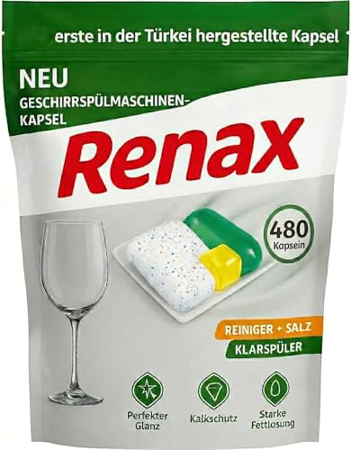 Renax All-in-One Geschirrspül Kapseln | Spülmaschinentabs mit Salz, Klarspüler, Kalkschutz & Fettlösekraft Geschirrspülmaschinen Kapseln - Fettlösekraft, Glas- & Kalkschutz (480, Silber)