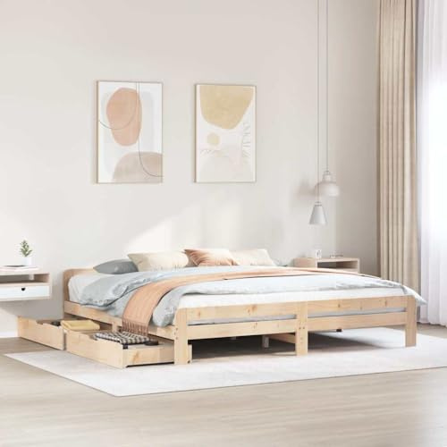 Tonture Massivholzbett Kiefernholz 200x200 cm, Bettgestell mit Lattenrost, Stauraum, 2 Schubladen auf Rollen, Schlafzimmer Möbel