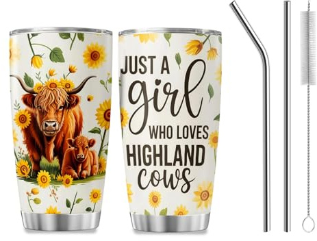 Highland Cow Thermobecher, Edelstahl Becher mit Deckel und Strohhalm, Hochlandrind Kaffeebecher, Thermobecher mit Spruch, Edelstahl Trinkbecher mit Blumenmuster, Kuh Geschenke für Frauen 660ml