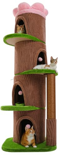 PAWZ Road Katzenbaum aus Massivholz, 174 cm hoher moderner Kratzbaum im Wald-Design mit Blumen-Sitzplattform, Ø 9,6 cm Naturholzstämme, großes Katzenmöbel mit 2 Höhlen