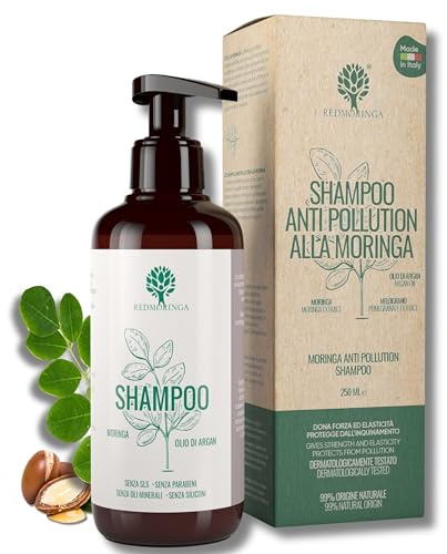 EcoBio Anti Pollution Shampoo Moringa | sauberes Haar bis zu 72 Stunden | 99,5% natürlich | für normales und geschädigtes Haar | Mit Moringa, Arganöl, Granatapfel | italienisches Produkt RedMoringa