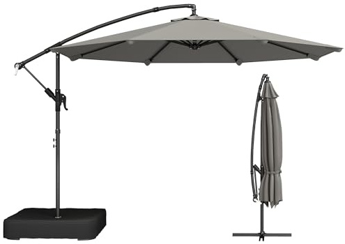Outsunny 3 m Garden Cantilever Parasol with Cross Base and 80 kg Fillable Sandbag, 360° Rotating Overhanging Umbrella with Crank Handle, Banana Patio Umbrella for Outdoor Sun Shade, Grey