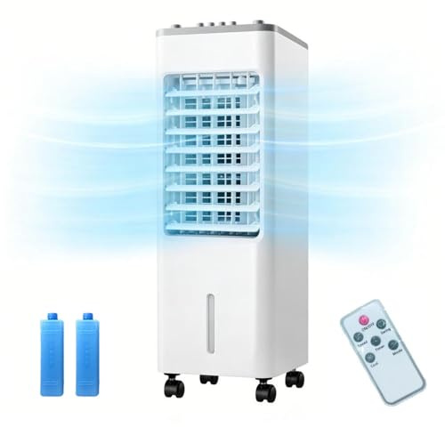 Evaporative Portable Air Cooler - 6L/12L Water Tank, Humidifier Cooling Fan, 3 Speeds, Remote Control, with Built-in 7.5 Hour Timer & Automatic Oscillation, Ioniser, with 2 Ice Packs(6L white)