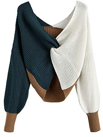 ZAFUL Damen Pullover Sexy V Ausschnitt Strick Pulli Casual Farbblock Geknoteter Kurze Oberteile Herbst (Farbblock A L)