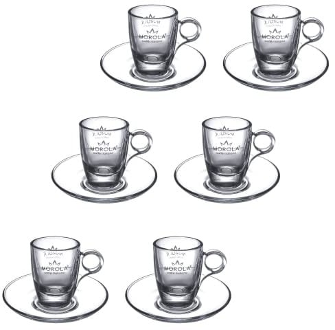 Set Tazzine e Piattino Sottotazza in Vetro Trasparente - 6 Tazzine Morola da 75ml Made in Italy - Tazza Espressino - Ginseng