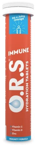 O.R.S Immune Hydration Tablet with Electrolytes, Vitamin D, Vitamin C and Zinc for Wellnes & Recovery | Vegan, Gluten-Free & Low-Calorie Electrolyte Tablets with Vitamins, Orange Flavour, 20 Tablets