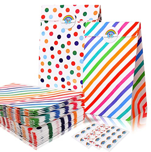 Papiertüten Kindergeburtstag Geschenktüten Papier Tüten zum Süßigkeiten Mitgebsel Candy Goodie Giveaways,Bunte Geschenktüte zum Kinder Party Hochzeit Halloween zum Verpacken von Geschenken 24x13x8cm