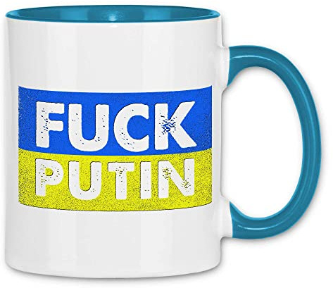 wowshirt Tasse FUCK Putin Ukrainische Flagge Gegen Putin Demo Anti, Farbe:White - Light Blue
