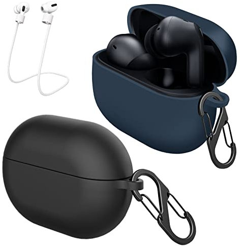 [Confezione da 2] easyBee Cover Custodia in Silicone + 2 Moschettone Portachiavi + 2 Cinturino Anti-perdita, Compatibile con Xiaomi Redmi Buds 4 Pro Cuffie Bluetooth - Nero e Blu