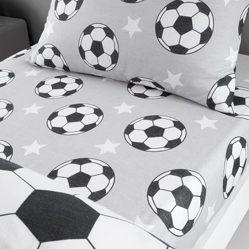 Catherine Lansfield Spannbettlaken für Einzelbett, gebürstete Baumwolle, Motiv: Fußballsterne, Grau