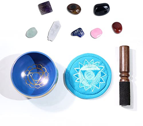 MKNZOME 3.15'' Cuenco Tibetano a Mano Con Piedras de Chakra Para Meditación, Budista, Curación de Cristales, Yoga, Musicoterapia, Relajación y Decoración