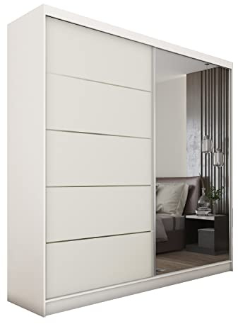 MEBLINI Kleiderschrank mit Spiegel, 2 Türen - Schwebetürenschrank mit Kleiderstange - Schlafzimmerschrank mit Einlegeböden - Wardrobe Closet - MAKIRA - 200 cm - Weiß/Weiß + Spiegel
