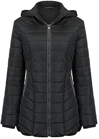 YUNCLOS Veste Femme d‘Hiver Doudoune Femme Matelassée Chaud Parka Mi-Long Blouson Manches Longues de Couleur Unie,Noir,M