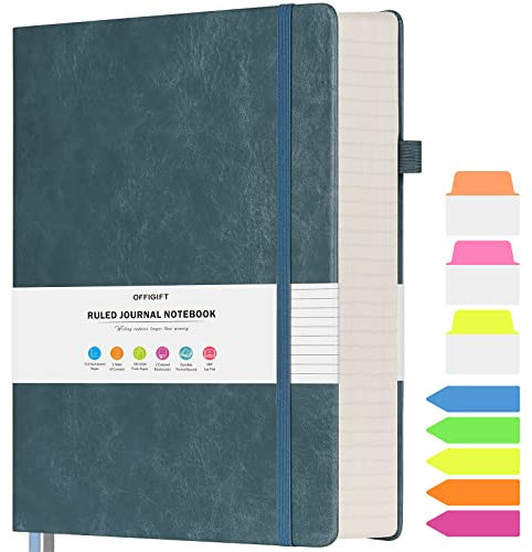 OFFIGIFT Notizbuch B5 liniert, Hardcover Tagebuch mit 312 Nummerierten Seiten, 100g/m² Tintenfestes Papier Dickes Notizbücher, Leder Tagebuch für Erwachsene Frauen Männer, 19,3 x 26,4 cm, Graublau