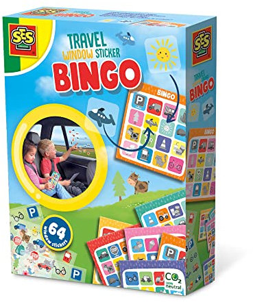 SES Creative | Reise-Fenstersticker-Bingo ab 3 Jahren | Reisespiel für Kinder mit 6 Bingokarten & 64 Fensterstickern | Wiederverwendbares Spielzeug für Auto & Bahn | Beschäftigung unterwegs