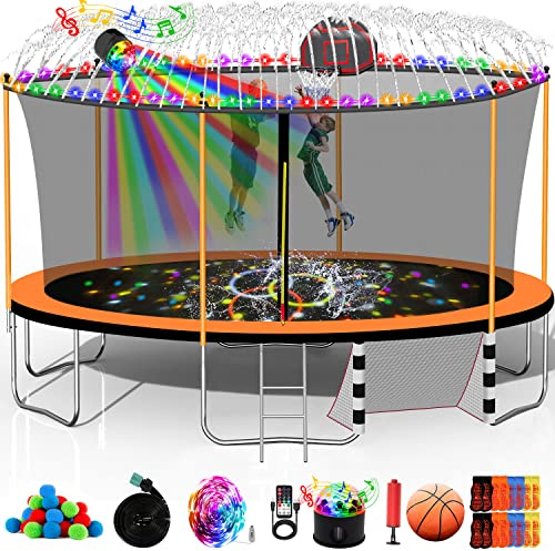 Goujxcy 1500 LBS Trampoline for Adults 7-10 Kids, 16FT With Basketball Hoop, Enclosure Net, Sprinkler, Water Ball, Light With Speaker, Sock - ASTM CPC CPSIA Heavy Duty Orange