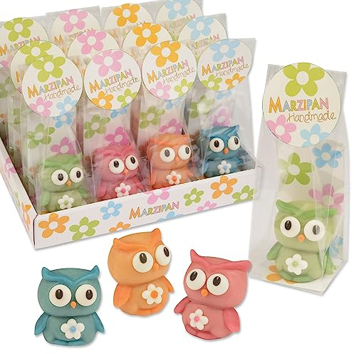 Günthart 12 Marzipan Eule im Cellophan Beutel in verschiedenen Farben blau, rot, grün, orange als passendes Geschenk, 1er Pack 276 g