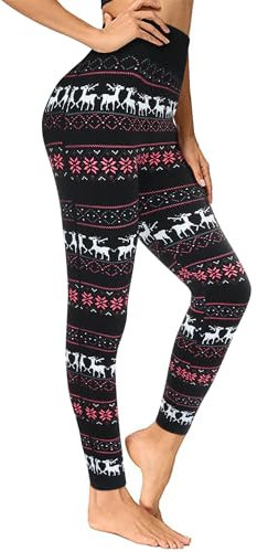 Lakpoau Thermo Leggings Damen Winterleggings Skinny Thermoleggings Laufhose Norweger mit Weihnachtsmotiven Teddy-Innenfleece Frauen/Mädchen 4145-B, Schwarz, Einheitsgröße