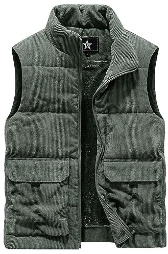 AIEOE Cordweste Herren Weste mit Futter Ärmellose Jacke Stehkragen Sleeveless Vest Dunkelgrün 01 Herstellergröße 4XL/ EU Größe XL