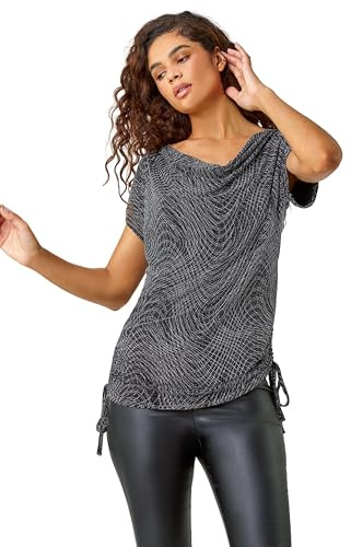 Roman Originals Glitter Print Cowl Neck Stretch Top for Women UK - Ladies Everyday Autumn Winter Comfy Soft Evening Vacation Work Party Night Out - Silver - Size 18