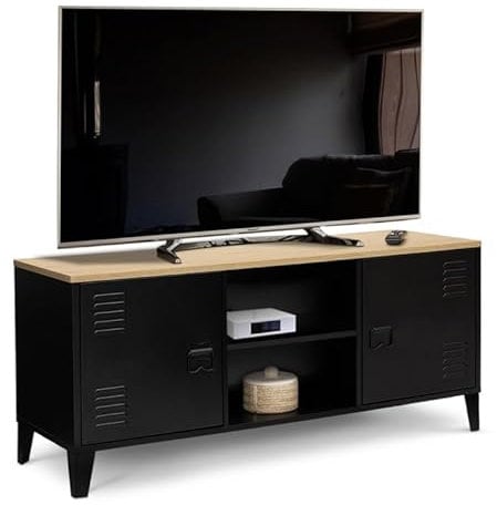 IDMarket - Meuble TV 113 cm Ester 2 Portes métal Noir et Plateau Bois Design Industriel