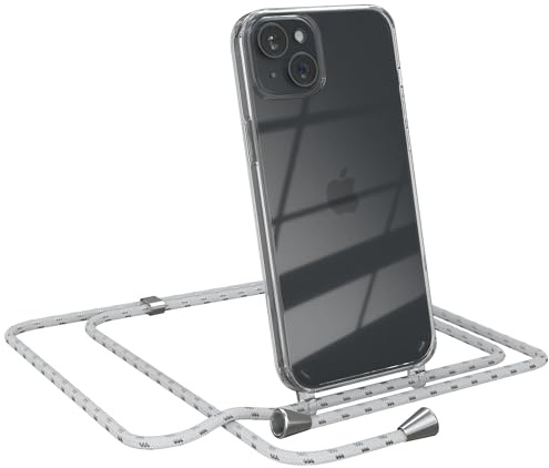 EAZY CASE Handykette kompatibel mit iPhone 15 Plus Handyhülle mit Umhängeband, Handykordel mit Schutzhülle, Silikonhülle, Hülle mit Band, Stylische Kette für Smartphones, Weiß/Silber