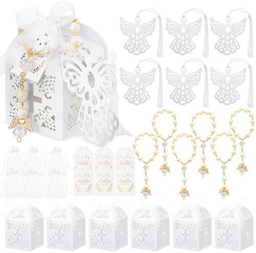 Ecation 100 Stück Taufgeschenke Engel Lesezeichen Mini Rosenkranz Taufe Party Boxen Weiß Organza Beutel mit Kordelzug Dankeschön Tags für Babyparty Taufe Party Geschenk, 20 Sets
