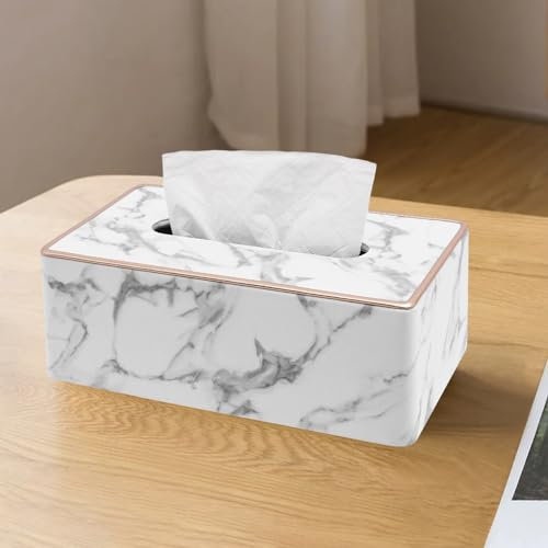 Taschentuchbox Taschentuchspender aus PU Leder, Kosmetiktücher Box,Taschentücher Box Tissue Box Cover Rechteckige, B×T×H: 25 * 14 * 9.5cm(Marmor Farbe + Gold)