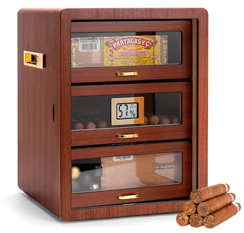 Zigarren-Humidor-Schrank FüR 100 Bis 150 Zigarren, Zigarren-Humidor-Box Mit Spanischem Zedernholzfutter, 3 Schubladen, Digitales Hygrometer, 1 Kristall-Gel-Luftbefeuchter, Geschenk FüR MäNner,A