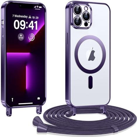 Kokio Handykette Hülle für iPhone 13 Pro mit Band, Magnetische Transparent Handyhülle Kompatibel mit MagSafe, Kratzfeste Stossfest Schutzhülle mit Einstellbar Kette, Lila
