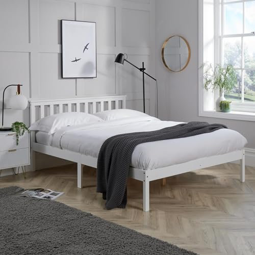 Home Source Florida Solid Wood Low End Bed Frame, Natural Wood, White, 4ft 6in Double