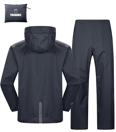 Outdoor Ventures Men's Packable Rain Suit Lightweight Rainwear Waterproof Jacket and Trouser Set for Riding Hiking Fishing Camping Dark Gray-Unlined M