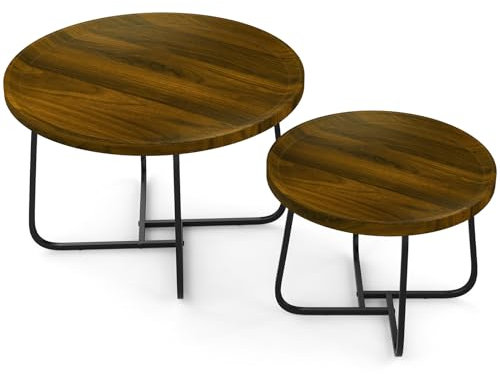LEWE Beistelltisch, 2er Set, Runder Couchtisch, Holzplatte und Schwarzes Metallgestell, Satztische, Wohnzimmertisch, Sofatisch, Wasserfest und Langlebig, Robust und Stabil - Helles Holz