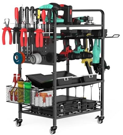 IMAYCC Carrello organizer per utensili elettrici con ruote, strumenti mobili per garage, ripiani per trapano, 4 strati, in metallo resistente, per garage, officina, sala attrezzi e lavoro all'aperto
