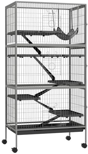 Pawhut Cage pour rongeurs Multifonction 4 Plateformes 3 rampes 4 Portes dim. 80L x 52l x 159H cm Acier Gris argenté Noir