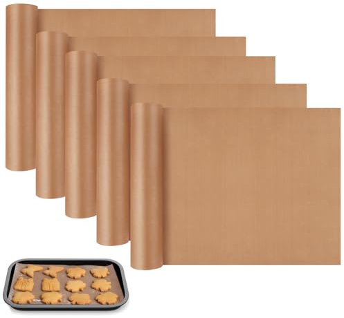 5 Pièces Réutilisable Papier Cuisson Reutilisable 40 x 30 cm Découpables Tapis de Cuisson Feuilles de Cuisson Durables Feuille de Cuisson Reutilisable pour Four Grill Barbecue Électrique Gaz (Marron)