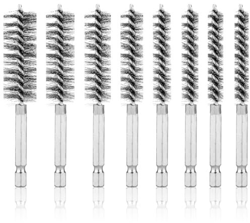 8pcs Stainless Steel Wire Bore Brushes, Wire Brush for Drill with 1/4 Inch Hex Shank Pipe Cleaning Brush Copper Pipe Cleaner Twisted Wire Brush for Power Drill Impact Drivers Die Grinders