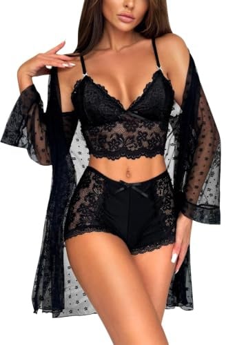 RSLOVE - Conjunto de lencería femenina sexy - ropa interior de encaje, camisón para mujer, 3 piezas, con vestido de 3 piezas, con vestido