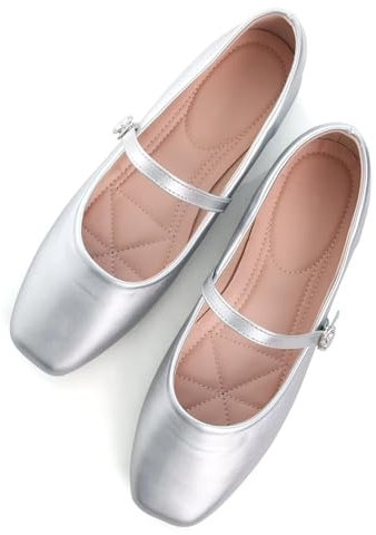 TN TANGNEST Mary Jane Ballerinas für Damen, bequeme runde Zehenpartie, Schlupfschuhe, Knöchelriemen, flach, Silber, Größe 42 (9) 2, F Silber, 40.5 EU