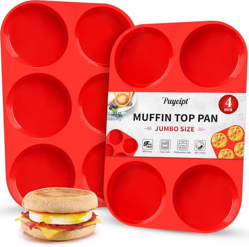 Puyeipt 2 Pack Silicone Egg Molds for Breakfast Sandwiches, 4 Inch Jumbo Muffin Top Pans, Non-Stick Round Baking Molds for Egg Bites, Whoopie Pies, English Muffins, Hamburger Buns