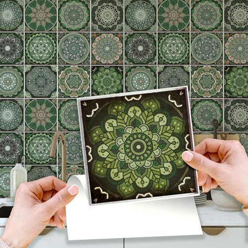 WALPLUS Green Tile Stickers for Kitchen 15x15cm(6) Self Adhesive Wall Tiles Removable Tile Transfers for Kitchen Sticky Back Green Stick on Tiles Kitchen Bathroom Tile Stickers 24 Pieces