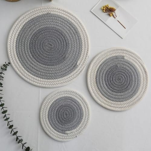 Cotton Rope Woven Heat Resistant Placemats, Round Table Mats for Indoor and Outdoor Use (Gray-white 30cm)